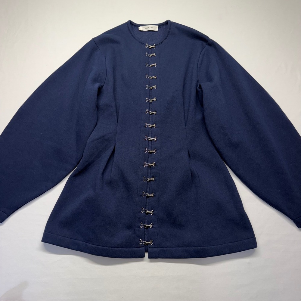 Chan Luu Pinch Waist Cardigan 1 Navy Cotton Fleece Hook Eye Balloon Sleeve - Picture 2 of 12